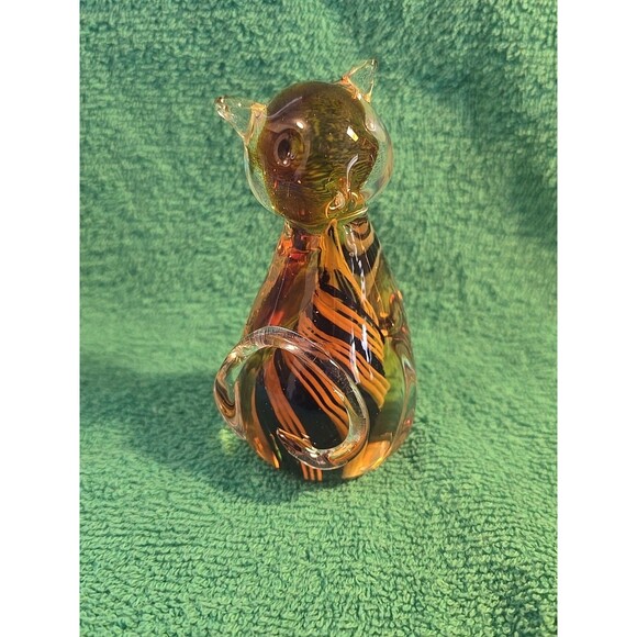 Murano Style Glass Cat Paperweight Amber w/ Blue White Swirl - Picture 1 of 7